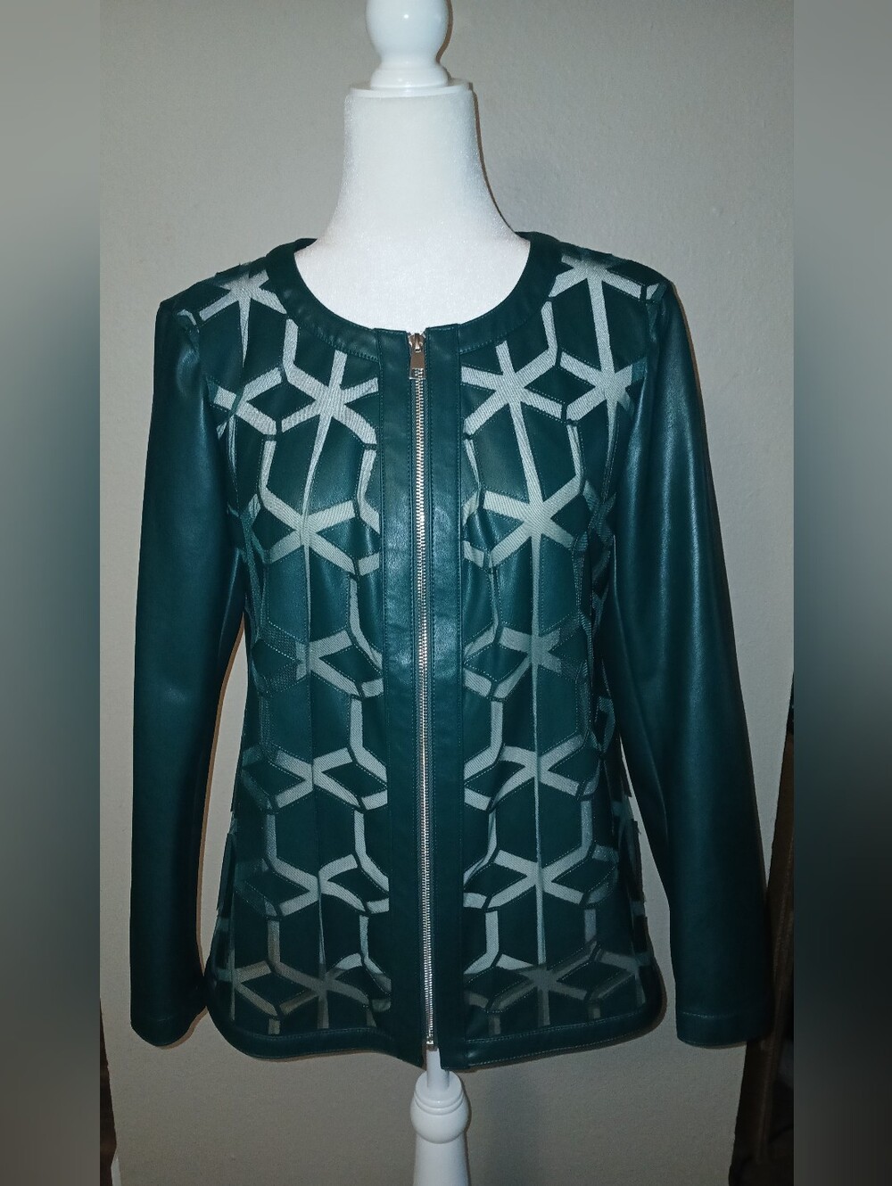 Colleen Lopez Teal Geometric Zip-Front Faux Leather Jacket